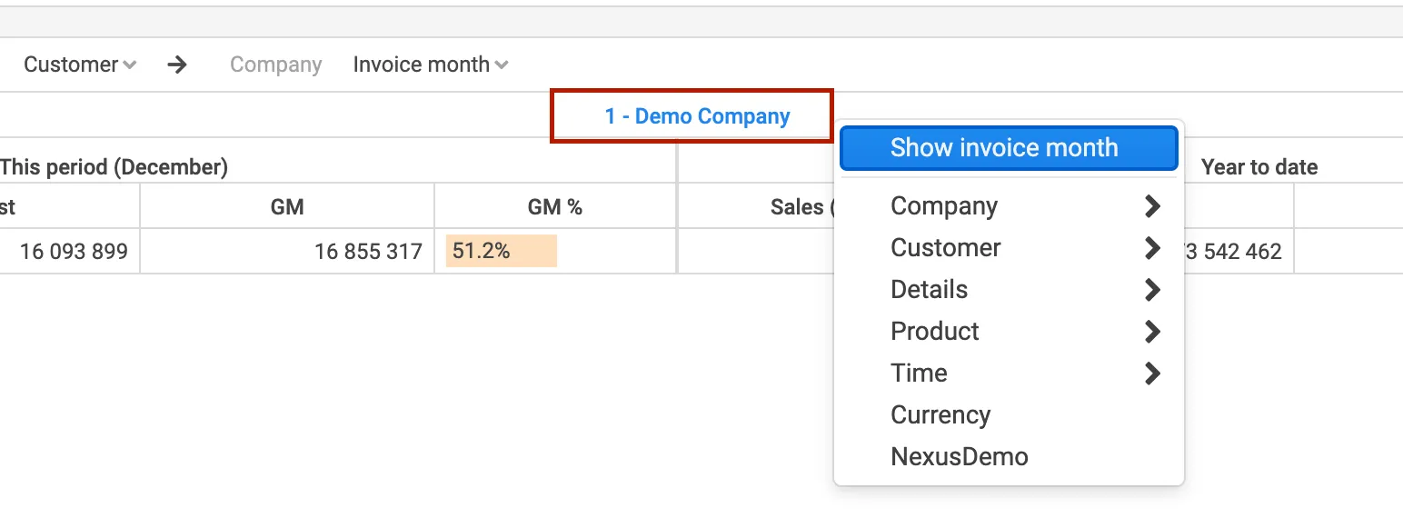 Drill menu inline on X-axis