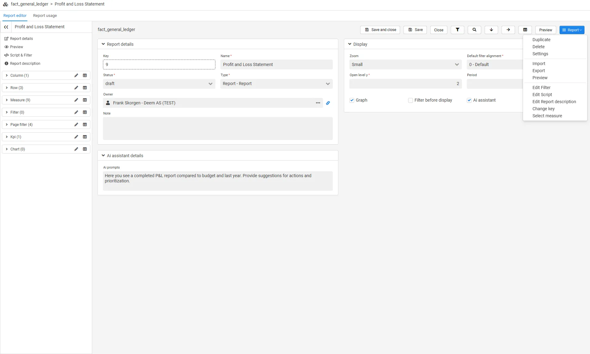 Report edit menu